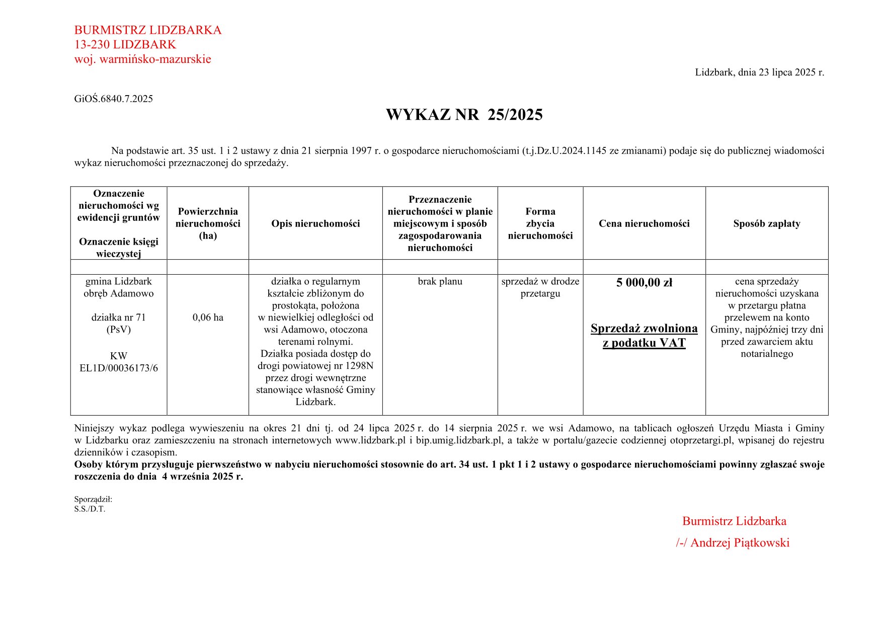 Wykaz Nr 25/2025 - Nieruchomość gruntowa do sprzedaży - Adamowo dz. nr 71